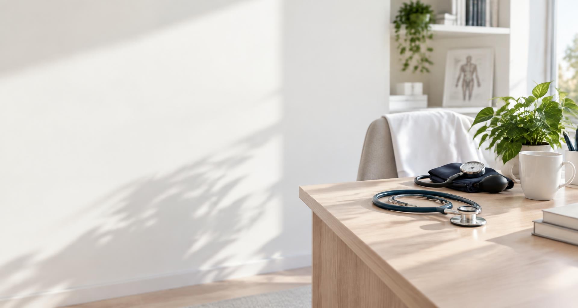 Stethoscope and blood pressure cuff in a bright medical consultation setting
